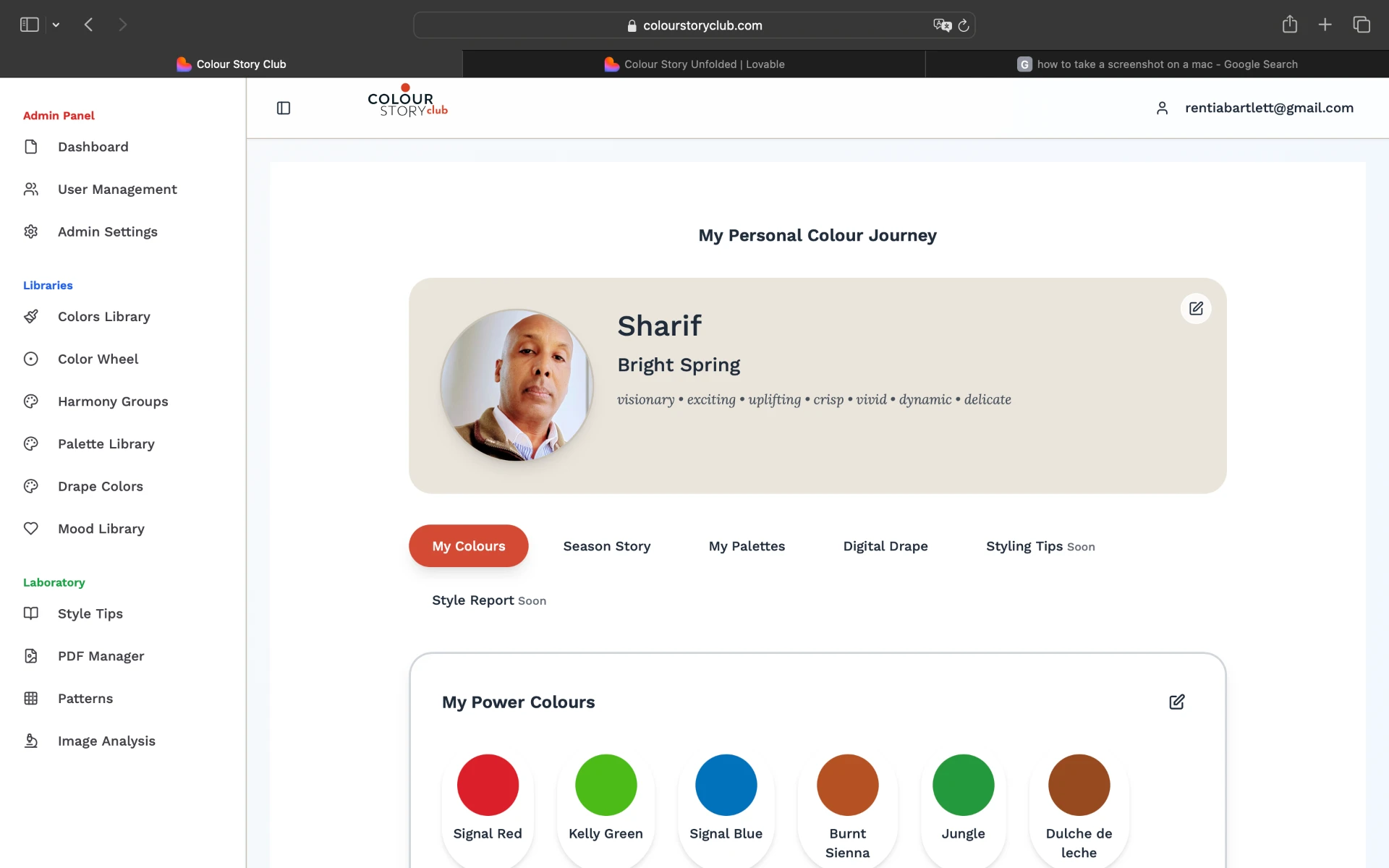A personal colour palette displayed in the Colour Story Club